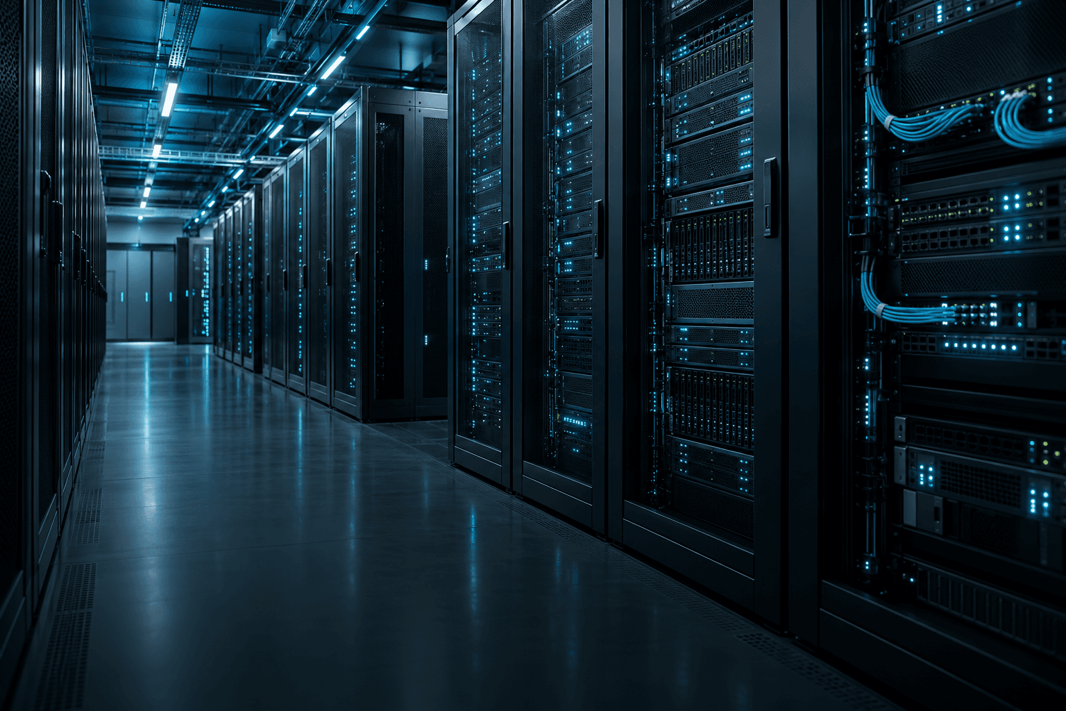 Illustration of a modern data center with cyan-lit server racks